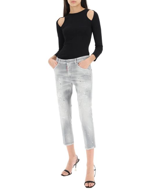 DSquared² Destroyed Denim Cool Girl Cropped Jeans With Rhinestones