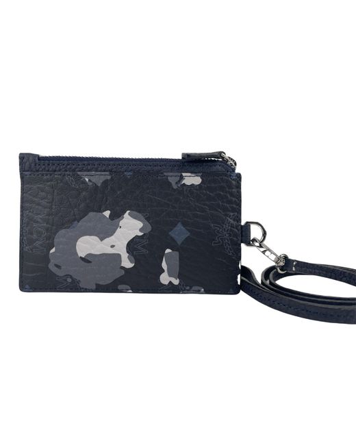 MCM Portuna Visetos Black Floral Camo Leather Card Case Necklace Lanyard  Wallet in Blue | Lyst