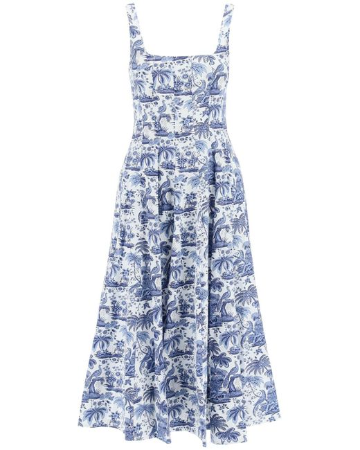 STAUD 'wells' Toile De Jouy Cotton Midi Dress in Blue Lyst