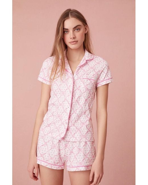 LoveShackFancy Pink Roller Rabbit X Baby Bow Hearts Women's Polo Pajama