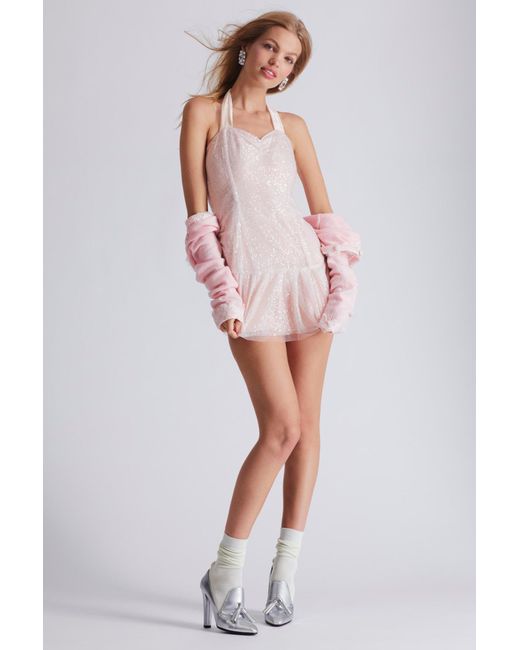LoveShackFancy Pink Peterson Mini Sequin Halter Dress