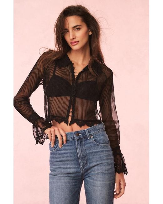 LoveShackFancy Koto Sheer Lace-Trimmed Top For in Blue | Lyst
