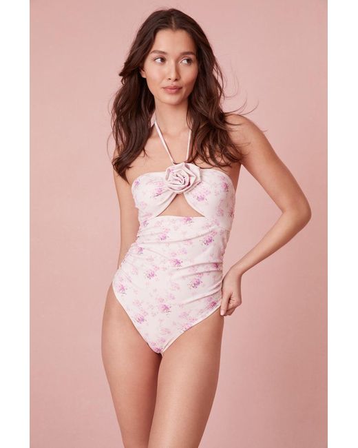 LoveShackFancy Pink Didi One-piece Floral Print Halter Swimsuit