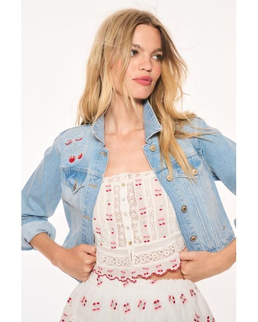 LoveShackFancy Blue Bardot Cherry Denim Jacket For