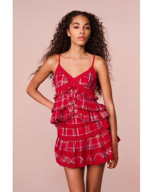 LoveShackFancy Red Abbott Tartan Ruffle Top For