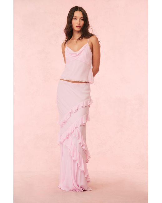 LoveShackFancy Pink Mitnessa Chiffon Ruffle Maxi Skirt For