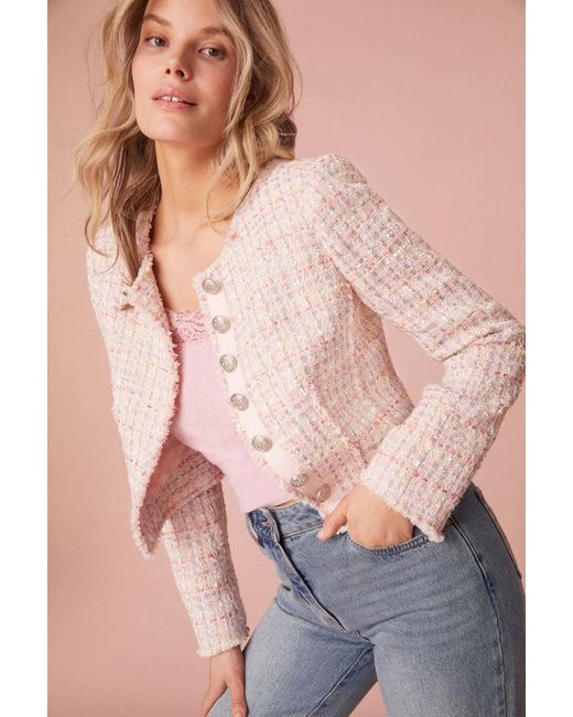 LoveShackFancy Pink Falima Tweed Cropped Jacket
