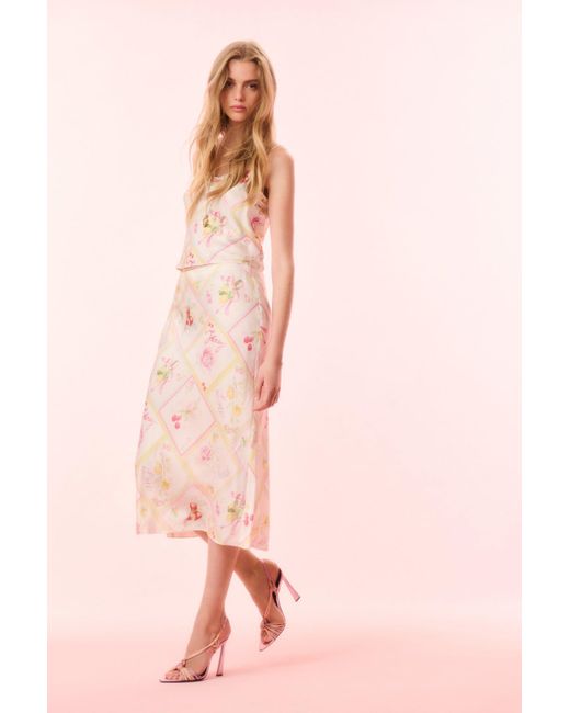 LoveShackFancy Pink Castle Silk-Blend Fruit Print Midi Skirt For