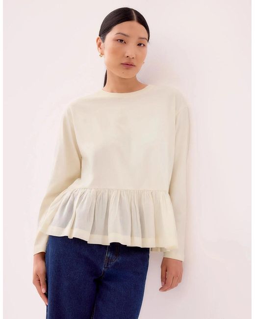 Ro&zo White Peplum-Hem Long-Sleeved Organic Cotton T-Shirt