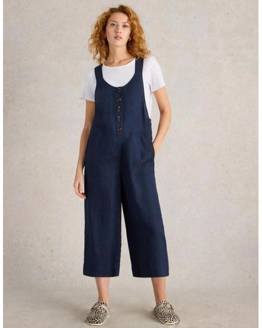 White Stuff Blue Viola Linen Dungaree Regular Dark