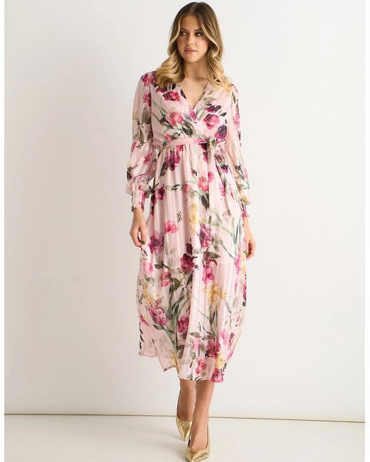 Gini London Pink Floral Print Sparkle Chiffon Wrap Midi Dress