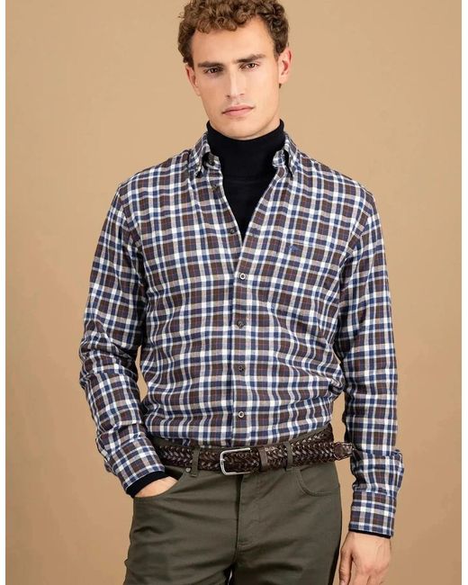 Fynch-Hatton Blue Premium Flannel Check Button Down Shirt Dark Chocolate for men