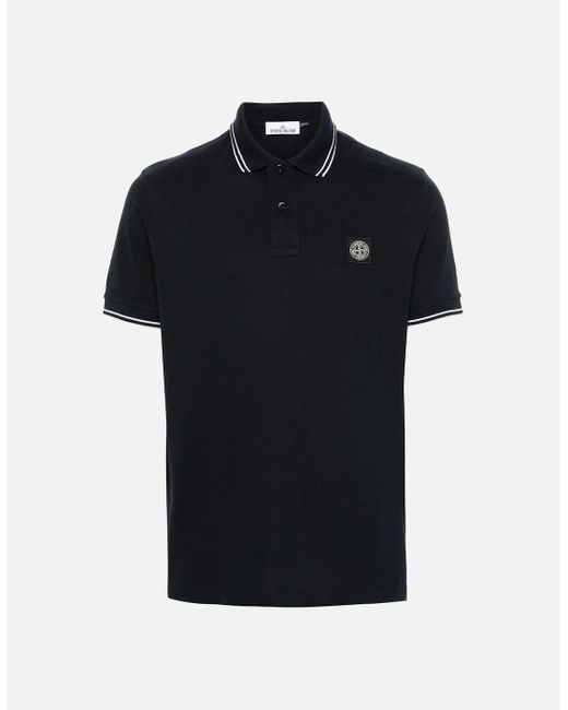 Stone Island Black Compass Patch Tipping Polo for men