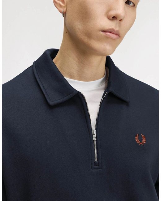 Fred Perry Blue Half Zip Collared Sweatshirt for men