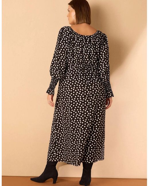 Live Unlimited London Black Spot Scoop Neck Shirred Sleeve Dress