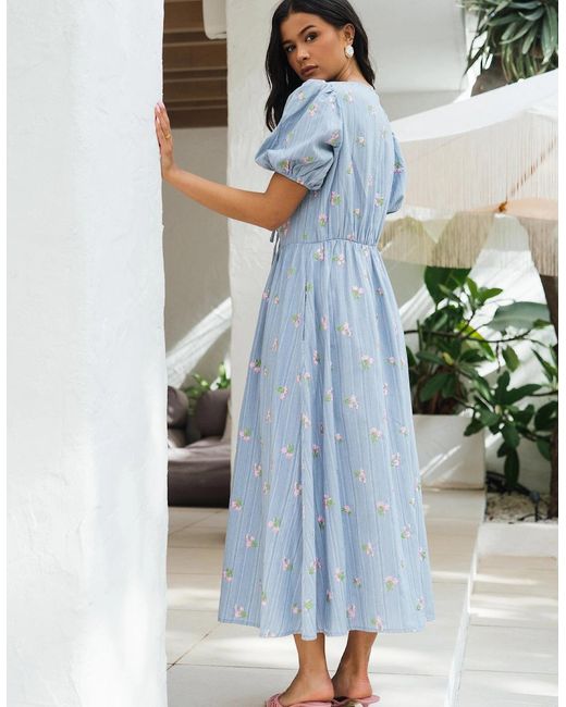 Gini London Blue Cotton Mix Tie Detail Puff Sleeves Midi Dress