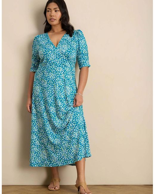 Live Unlimited London Blue Ditsy Print Jersey Ruched Sleeve Wrap Dress