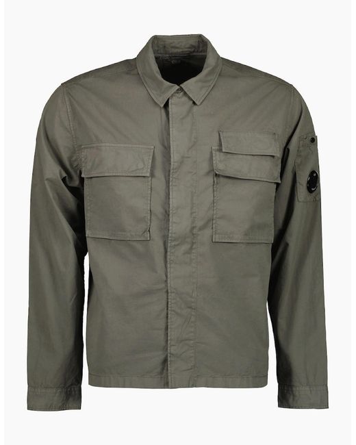 C P Company Green Gabardine Half Zip Lens Overshirt for men