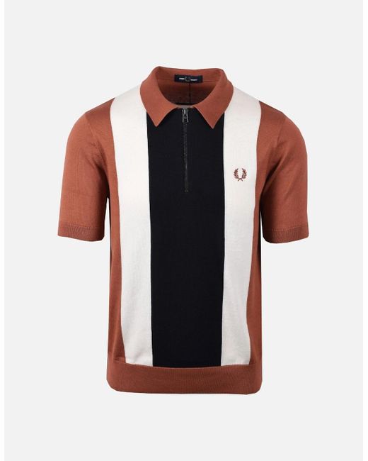 Fred Perry Black Vertical Stripe Zip Neck Polo Cinnamon//Ecru for men