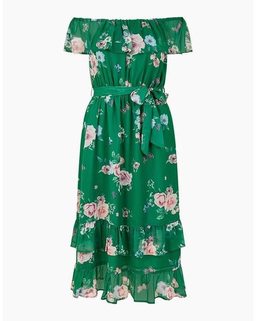 Yumi' Green Floral Off-The-Shoulder Midi A-Line Dress