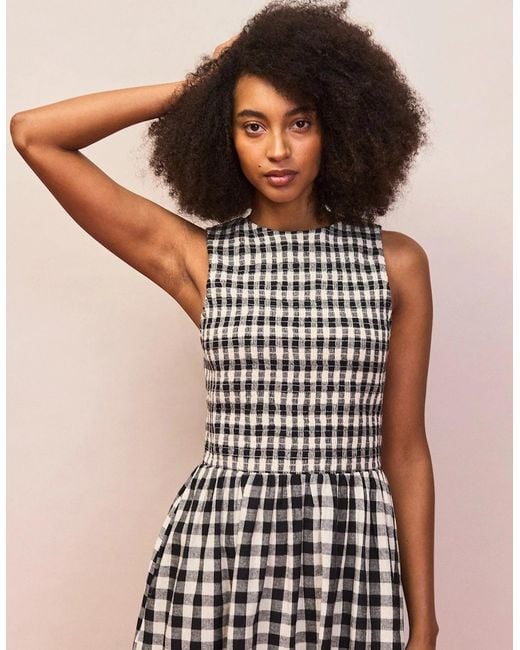 Ro&zo White Mono Gingham Cotton And Linen-Blend Shirred Midi Dress