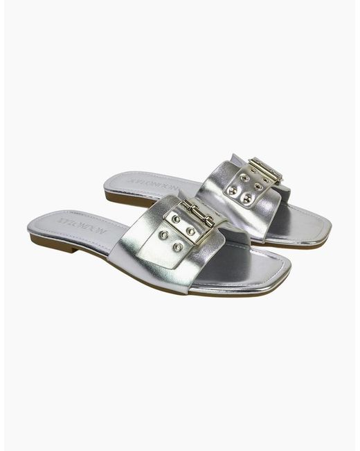 XY London Gray Ladies Inez Buckle Metallic Square Toe Strappy Flat Sandals