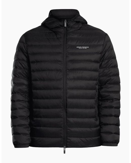 ARMANI EXCHANGE Black Full Zip Fine Padded Hooded Jacket for men