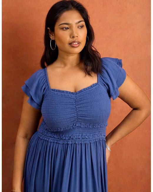 Live Unlimited London Blue Smocked Crinkle Flutter Sleeve Midaxi Dress