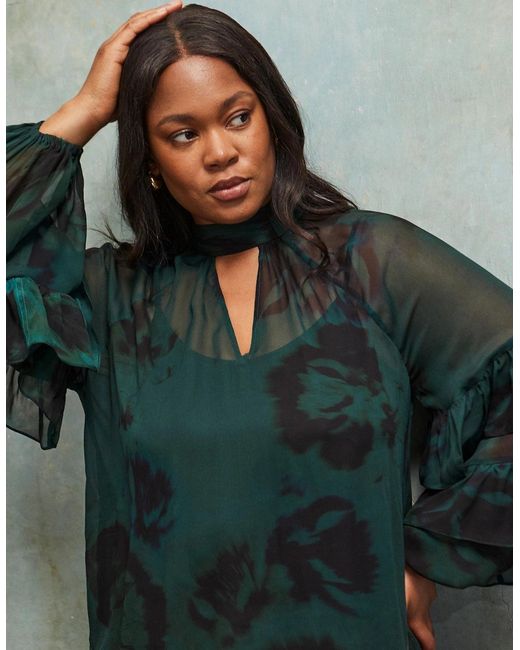 Live Unlimited London Green Floral Print High Neck Ruffle Blouse
