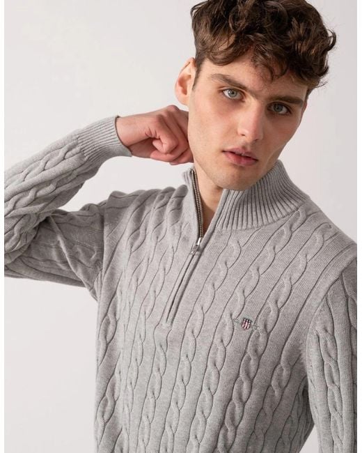 Gant Gray Cotton Cable Half Zip Jumper for men