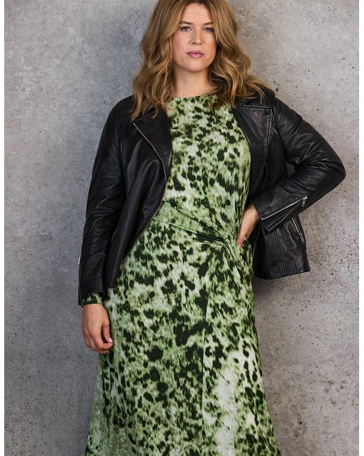 Live Unlimited London Green Animal Abstract Print Ruched Jersey Dress