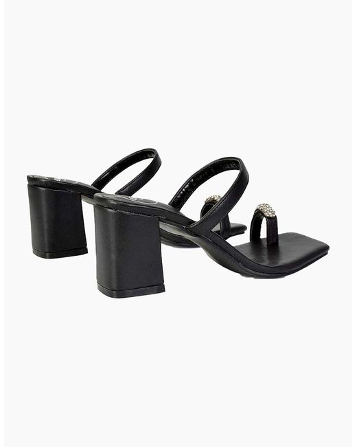 XY London Black Ladies Daiquiri Diamante Double Strap Medium Block Heel Mule Sandals