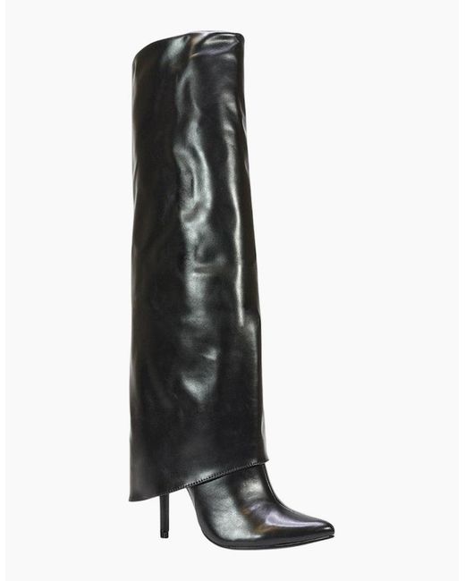 XY London Black Ladies Shauna Fold Over Stiletto Heel Knee-High Boots