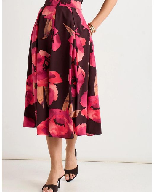 Gini London Red Large Floral Box Pleat Midi Skirt