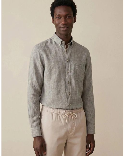Fynch-Hatton Gray Needle Stripe Linen Button Down Shirt Dark Khaki for men
