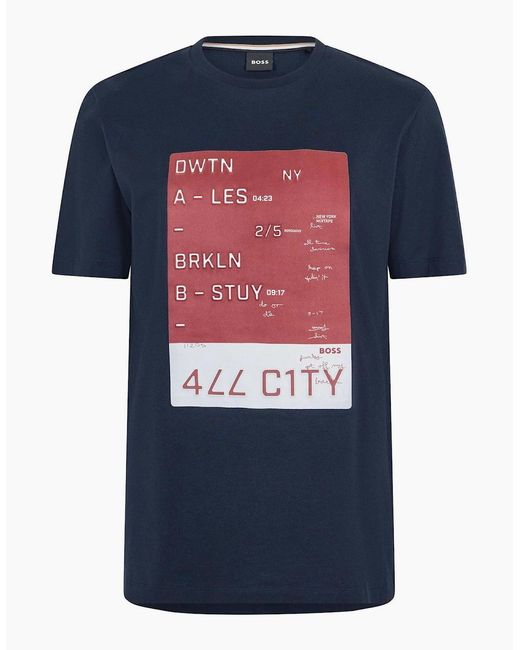 Boss Blue Lettering Graphic Crew Neck Short Sleeve Jersey T-Shirt for men