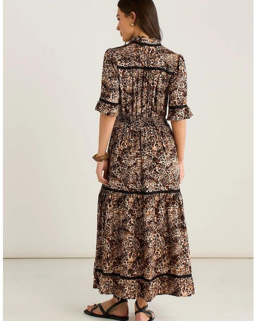 Gini London Brown Animal Print Lace Trim Tiered Midi Dress