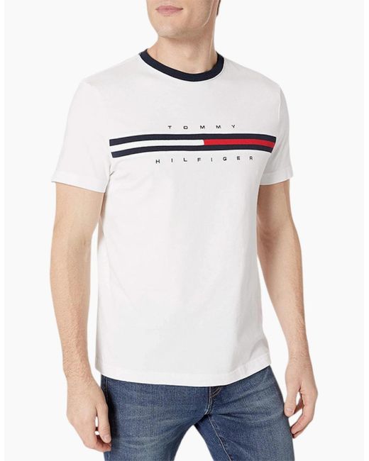 Tommy Hilfiger Blue T Shirts Crew Neck Signature Stripe Summer Cotton Tino Tee for men