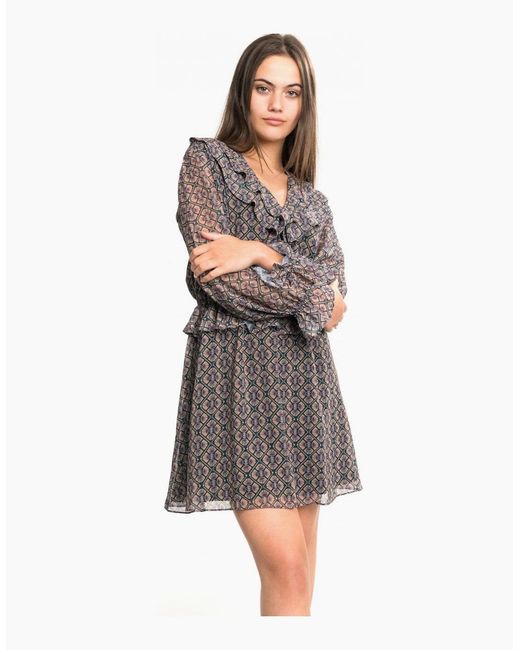 Maison Scotch Gray Long Sleeve Ruffle Detailed Dress