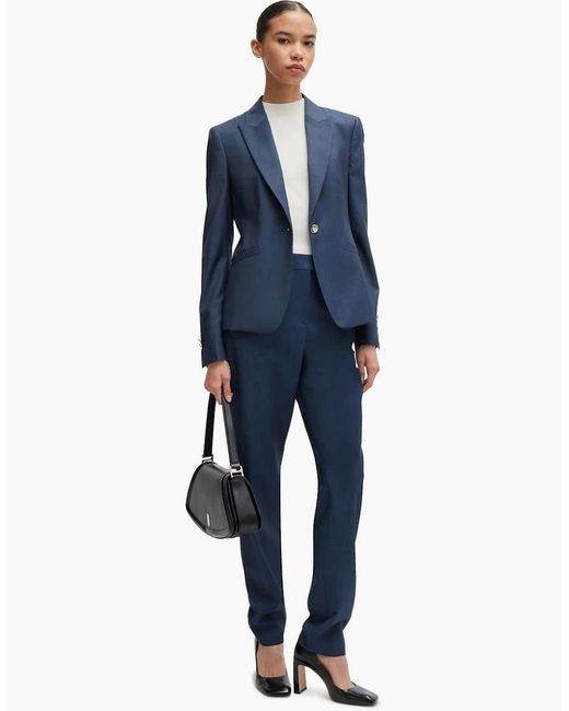 Boss Blue Solid Patterned Lapel Collared Blazer