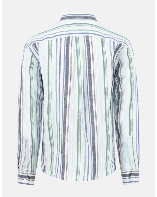 Fynch-Hatton Blue Stripe Pattern Pure Linen Button Down Shirt Mint for men