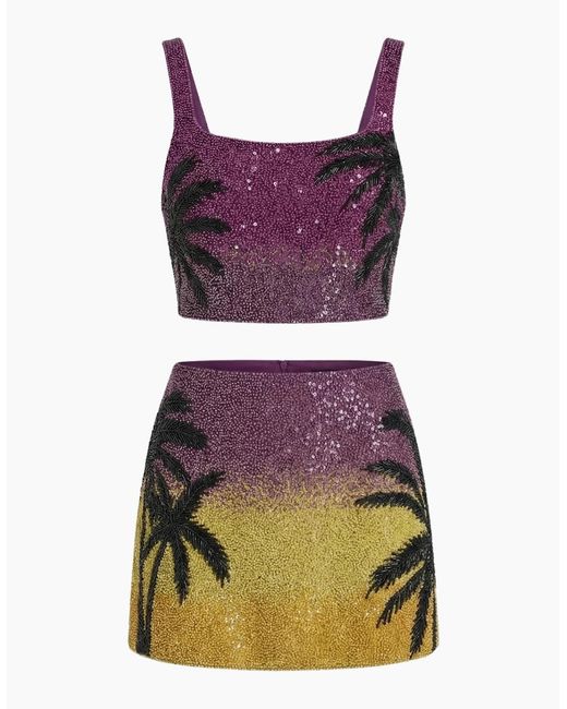 Oceanus Purple Palm Dusk Beaded Mini Skirt
