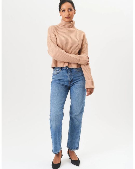 Gini London Blue Camel High Neck Chunky Knit Crop Jumper