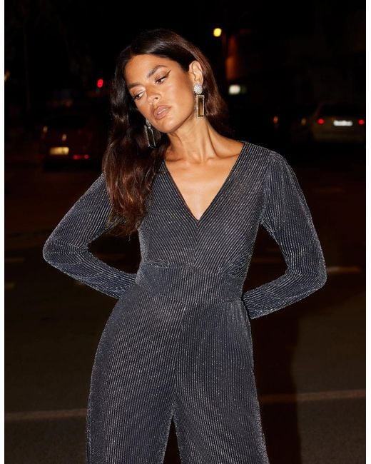 Ro&zo Gray Eliza Sparkle Jersey V-Neck Jumpsuit