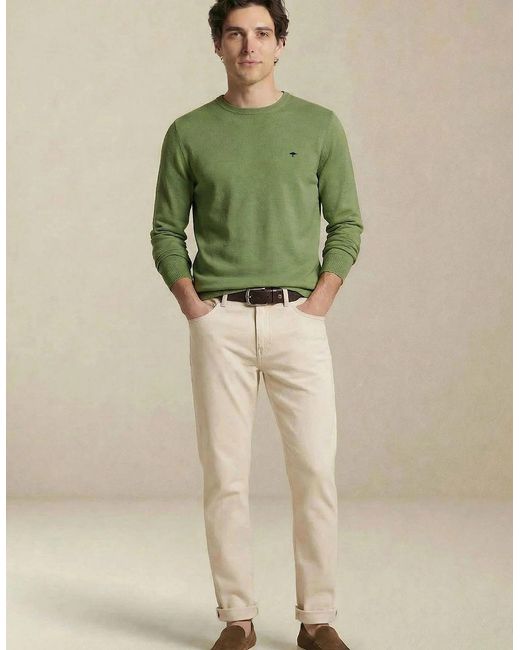 Fynch-Hatton Green Fine Knit Air Cotton Crewneck Sweater Avocado for men