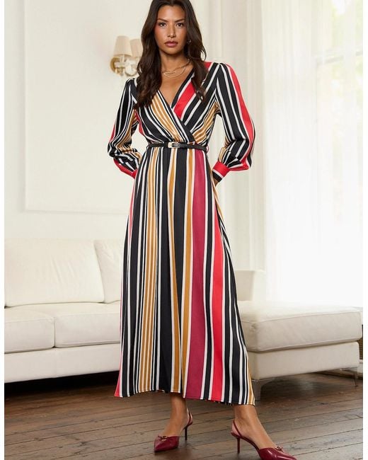 Gini London Red Multi Stripe Satin Wrap Midaxi Dress