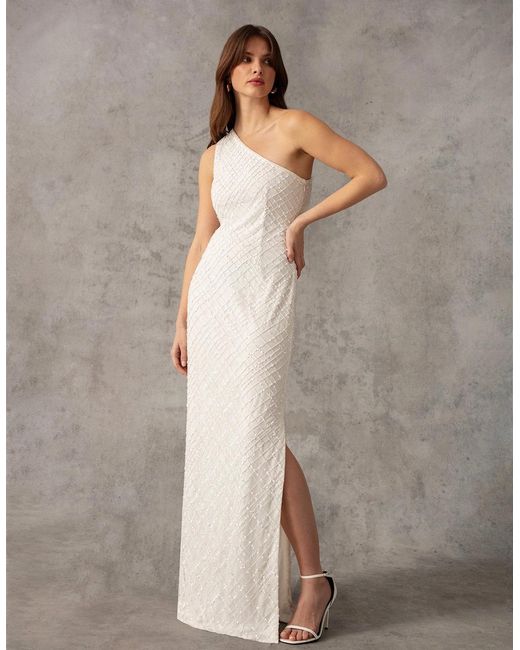 Ro&zo White One Shoulder Beaded Dress