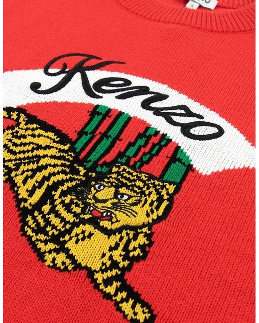 KENZO Red Knitted Jumping Tiger Sweat for men