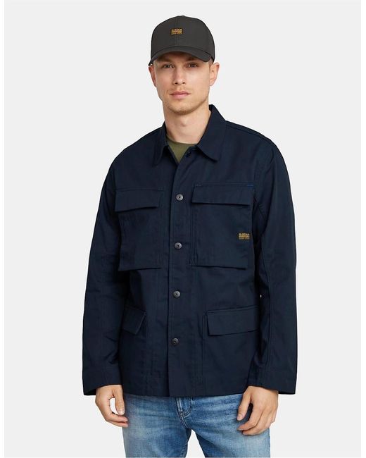 G-Star Blue Solid Patterned Overshirt With Flap Pocket for men