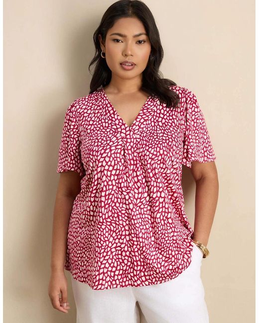 Live Unlimited London Red Petite Abstract Print Short Sleeve Jersey Top